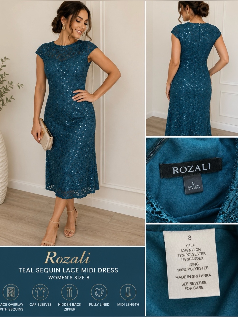 ROZALI Teal Sequin Lace Midi Dress Women’s Size 8 Evening Cocktail Party
